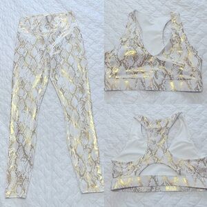 FABLETICS Set M Leggings + Sport Bra White Gold Snakeskin Foil On The Go
